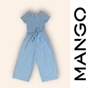 Mango Kids Light Blue & White Ruched Striped Romper, Size 9/10, MSRP $45‎